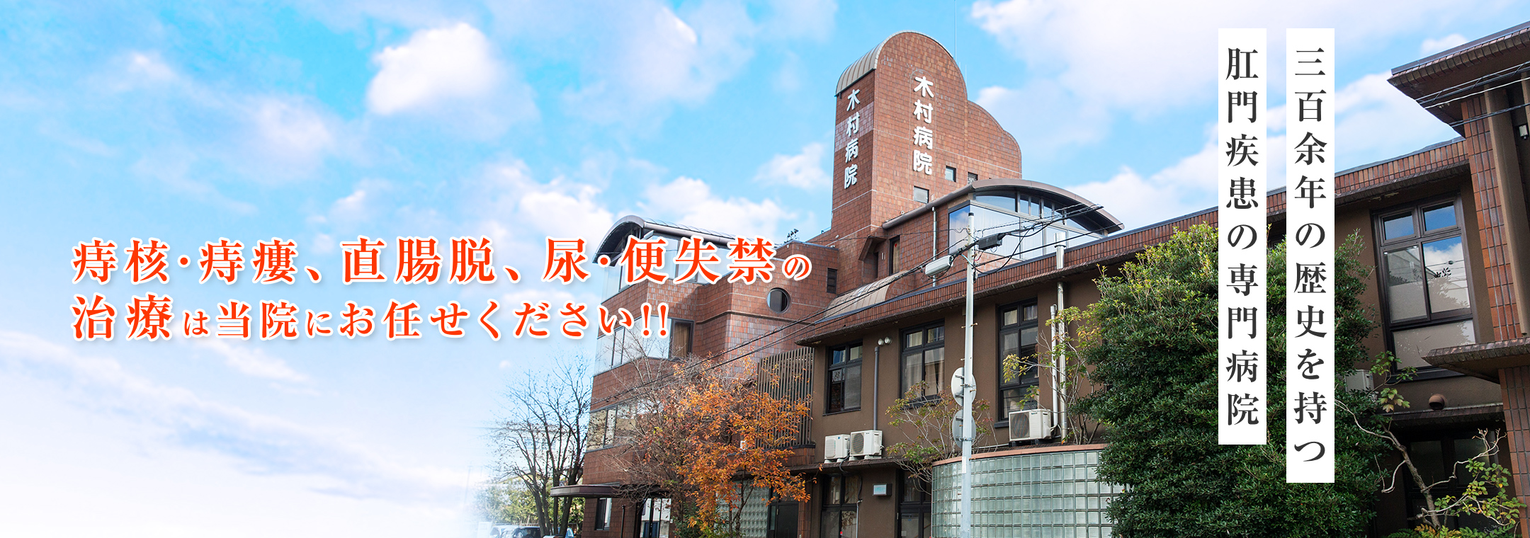 痔核・痔瘻、直腸脱、尿・便失禁の治療は、300余年の歴史を持つ肛門疾患の専門「木村病院」にお任せください